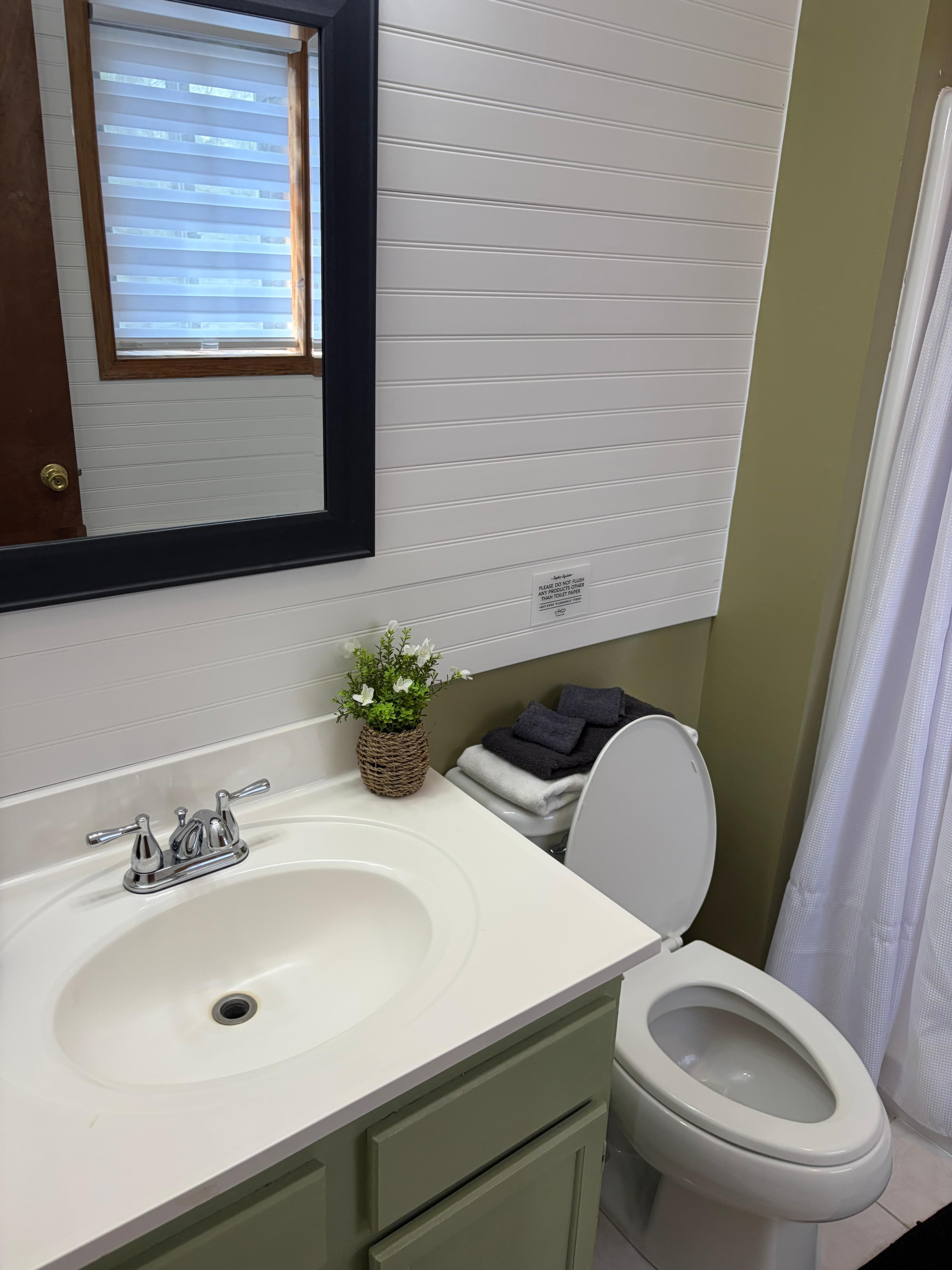Clean bathroom with green vanity and mirror